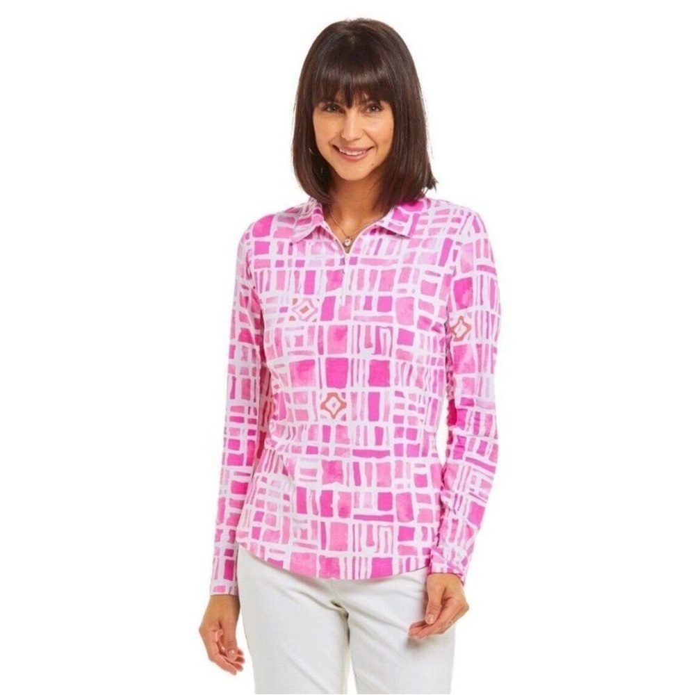 IBKUL OUT OF THE BOX PINK Long Sleeve Polo Golf Shirt - Size S